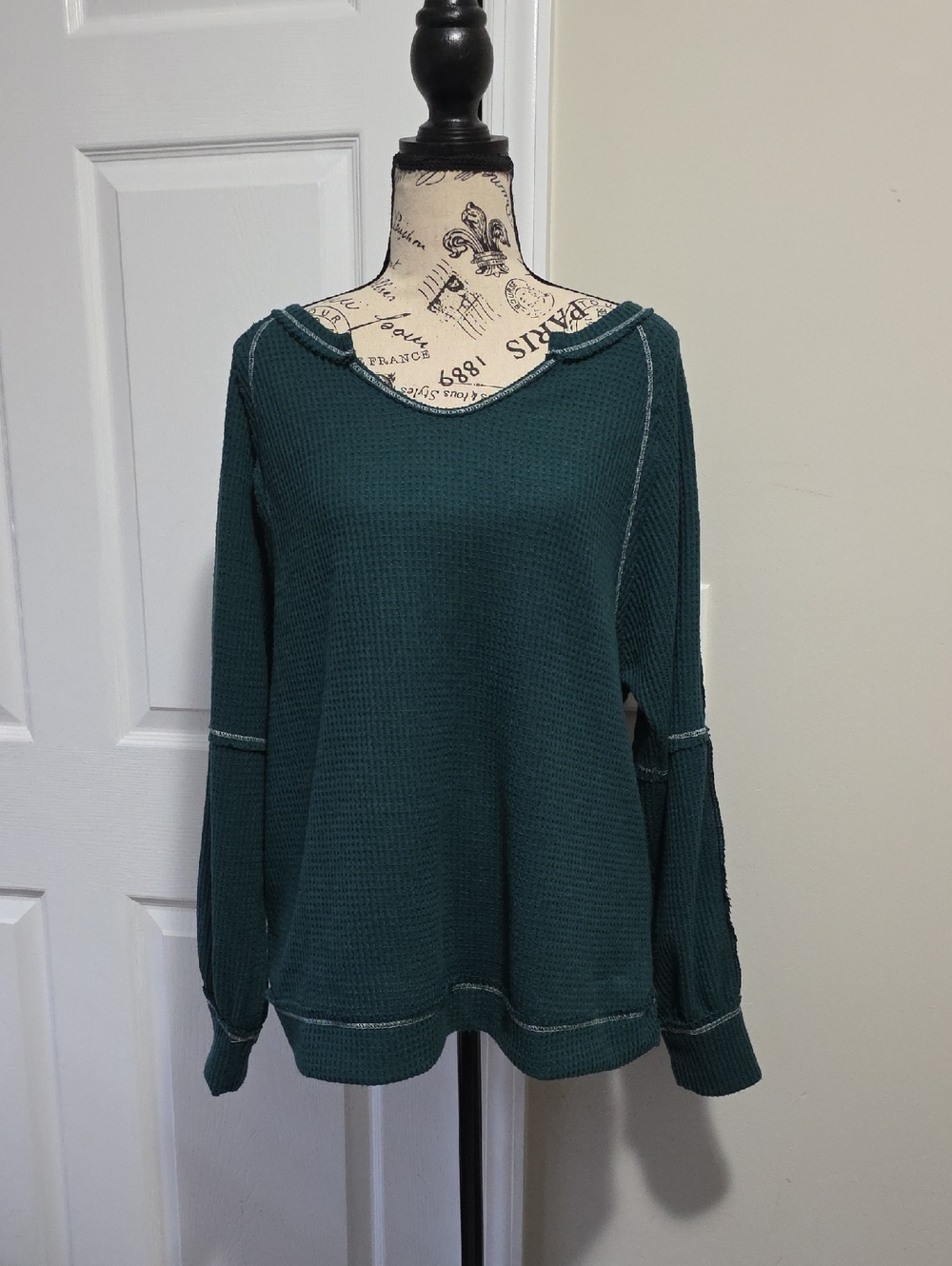 Andree by Unit Notched Neck Thermal Top Ribbed Oversized Small Green